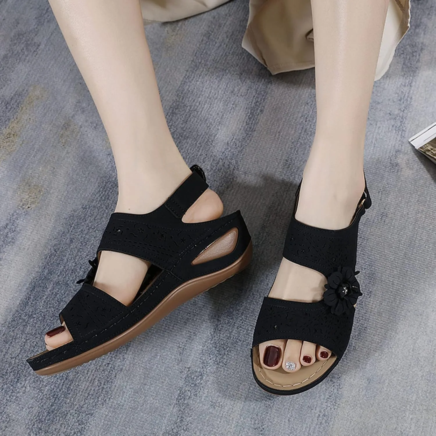 Sandals Women Orthopedic Comfortable Flat Sandals for Women Summer Dressy Closed Toe Wedges for Women Evening Orthopaedic Shoes for Women Arch Support Orthopedic Shoes Wide Width Tie Up Sandals
