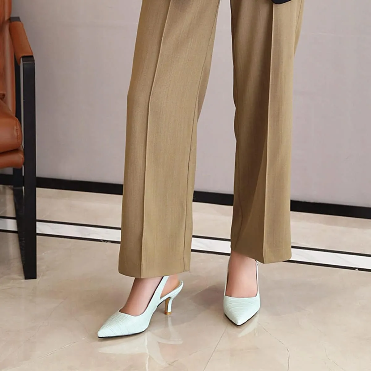 SHEMEE Women's Kitten Heels Pumps Pointed Toe Slingbacks Buckle Mid Heel Sandals Slip On Comfortable Dress Shoes