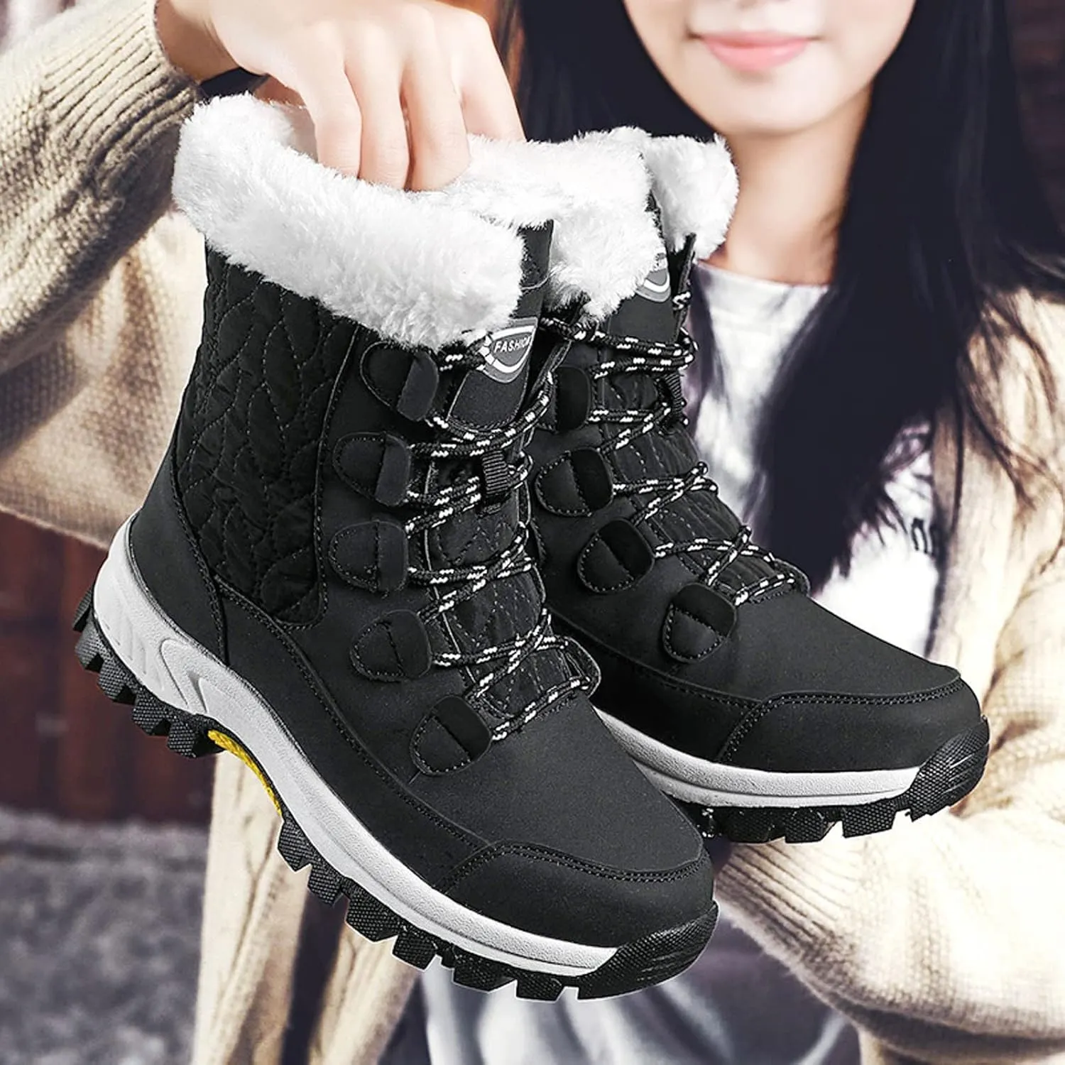 Snow Boots For Women Waterproof Ankle Boots for Women Warm Round Toe Leather Lace Up Flat Heel Women's Long Boots