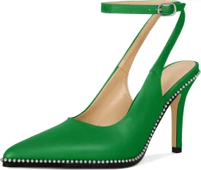 Soireelady Women Slingback High Heel Beaded Pumps Pointed Toe Stilettos Slip On Strappy Heels Ankle Strap Dress Pumps Shoes 3.5 Inches
