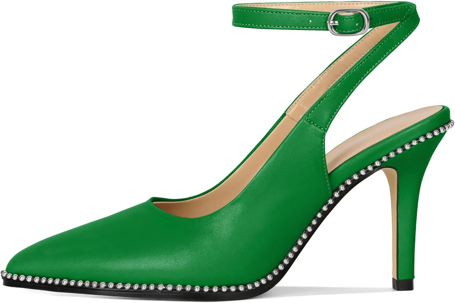 Soireelady Women Slingback High Heel Beaded Pumps Pointed Toe Stilettos Slip On Strappy Heels Ankle Strap Dress Pumps Shoes 3.5 Inches