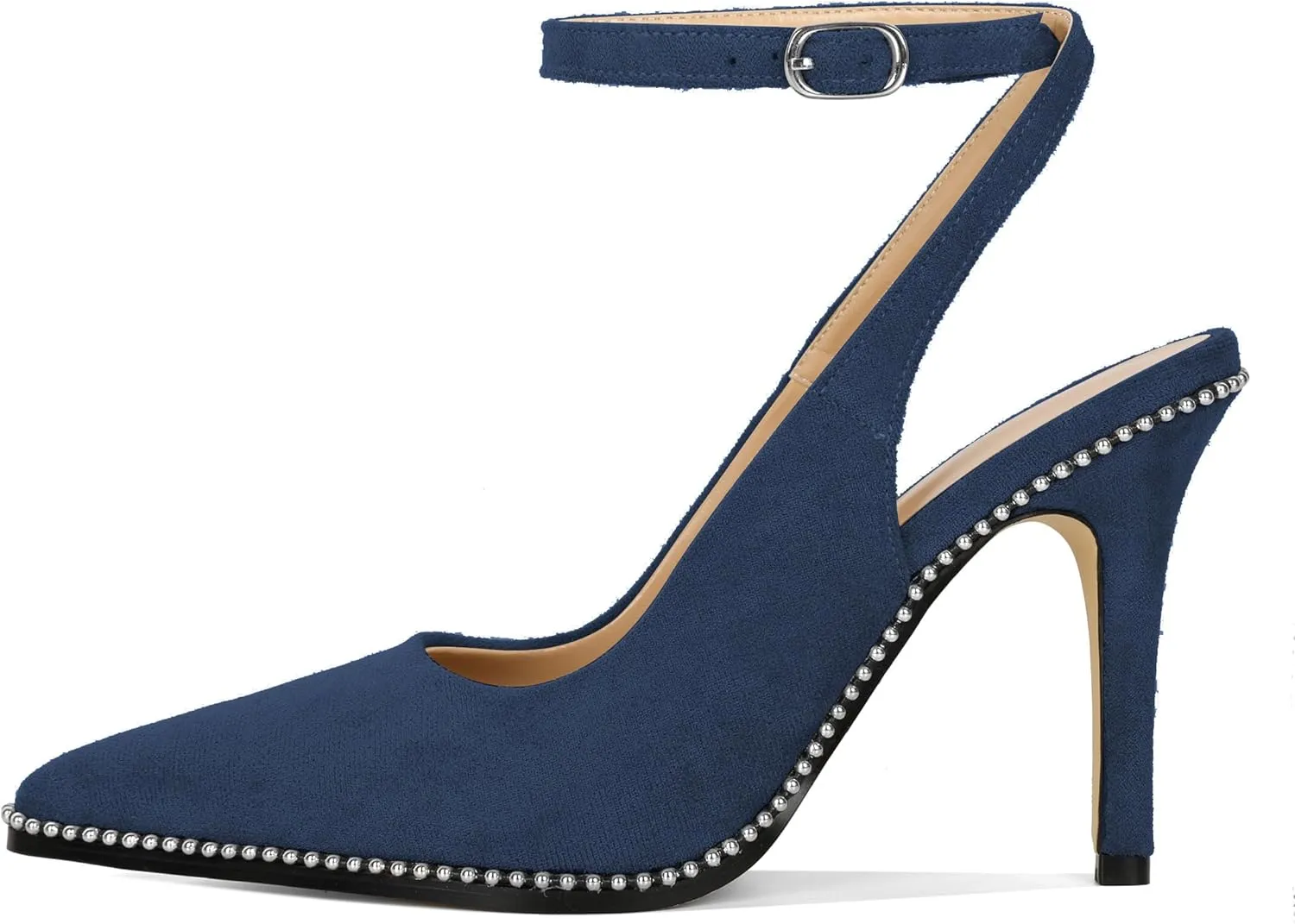 Soireelady Women Slingback High Heel Beaded Pumps Pointed Toe Stilettos Slip On Strappy Heels Ankle Strap Dress Pumps Shoes 3.5 Inches