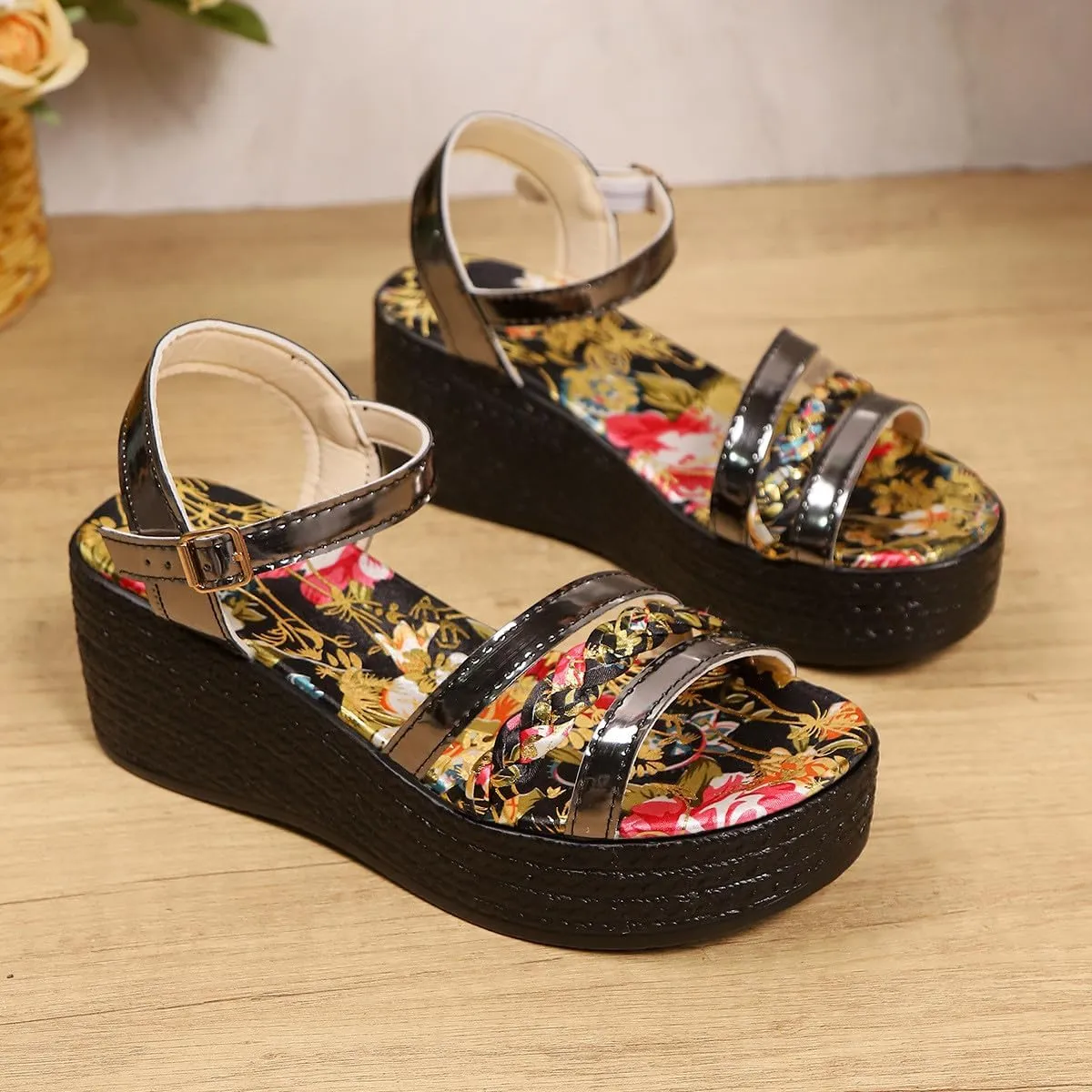 Wedges Heels for Women Comfy Low Wedge Sandals Fashion Floral Open Toe Dressy Platform Sandals Slip on Ladies Shoes