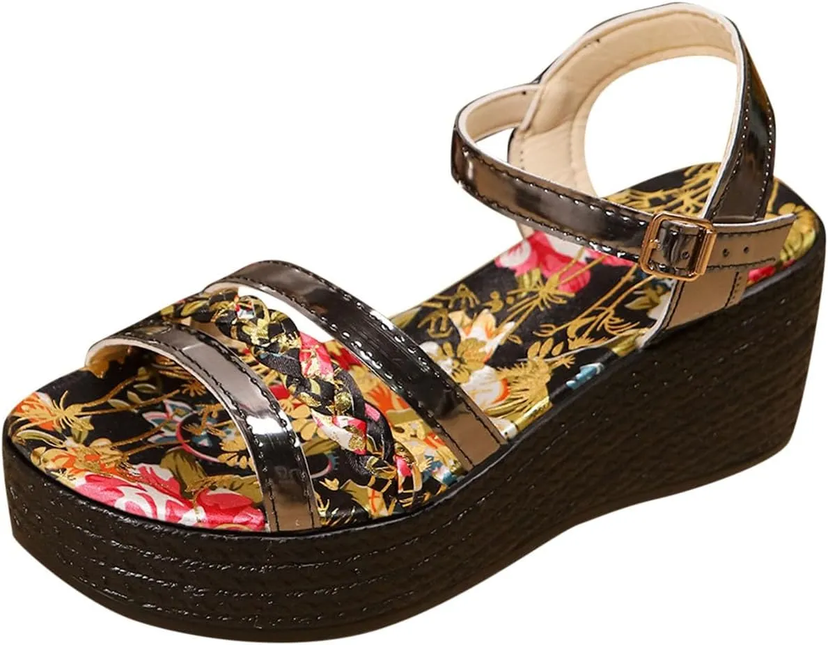 Wedges Heels for Women Comfy Low Wedge Sandals Fashion Floral Open Toe Dressy Platform Sandals Slip on Ladies Shoes