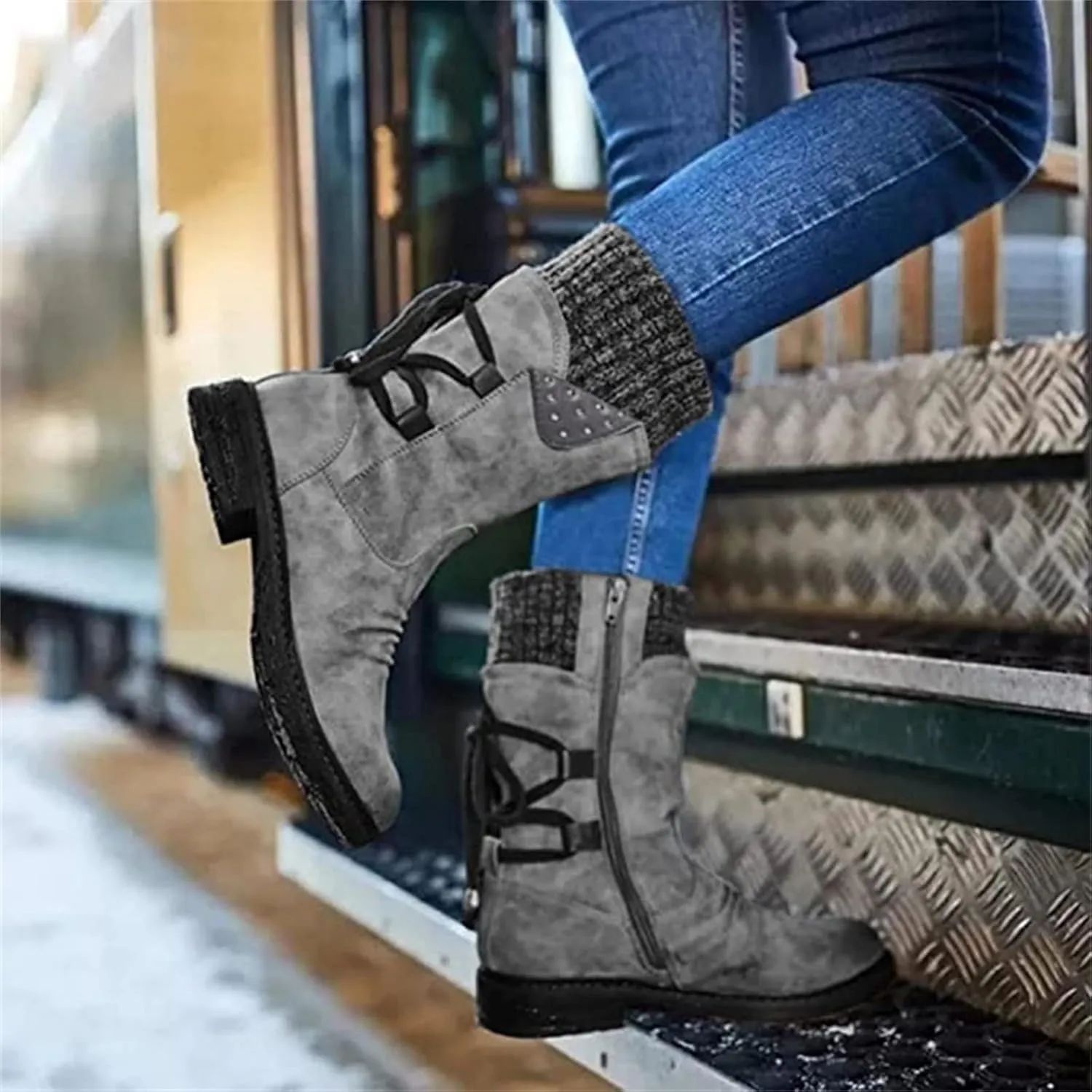 Winter Boots For Women Fashion 2022 Outdoor Walking Mid Calf Lace Up Side Zipper Low Heel Platform Military Combat Boot