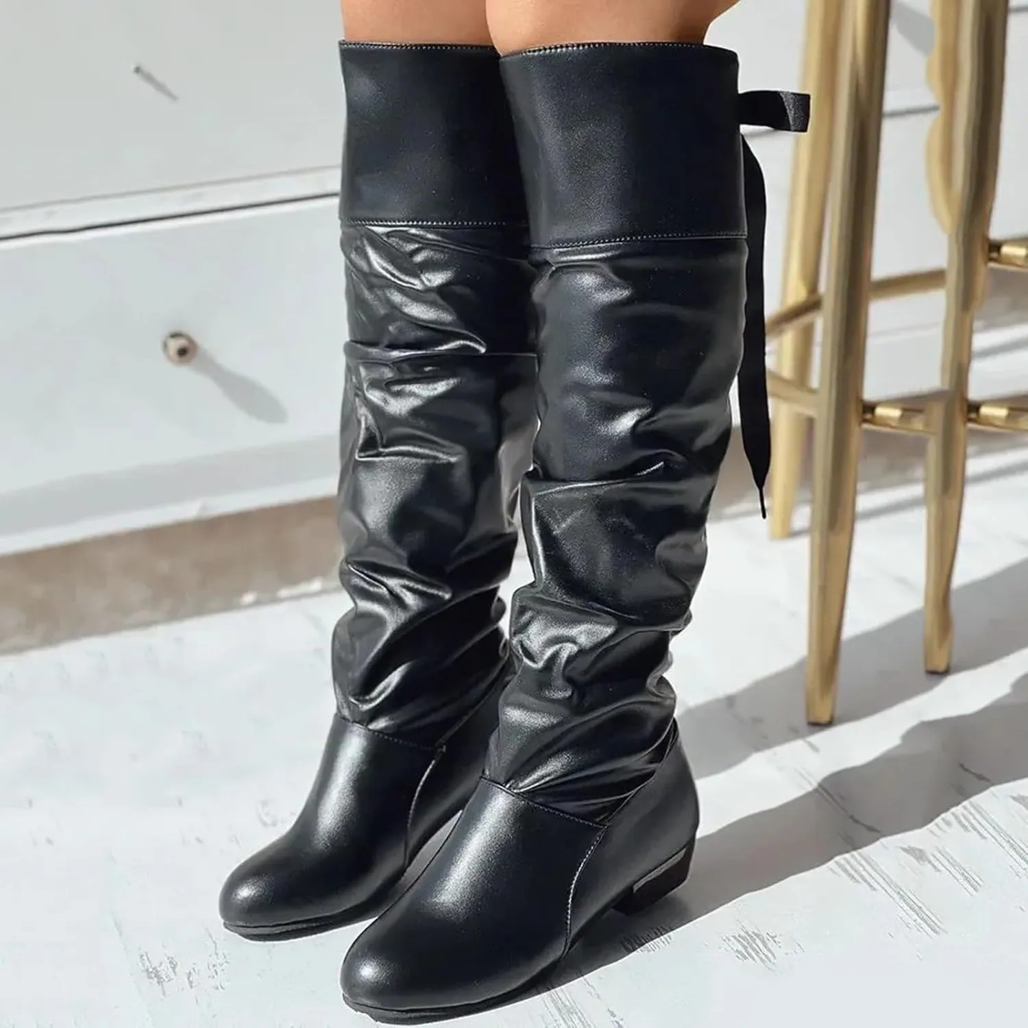 Winter Boots for Women Fashion Knee High Boots Women Low Heel Women's Winter Boots Lace Up Leather Boots Shoes