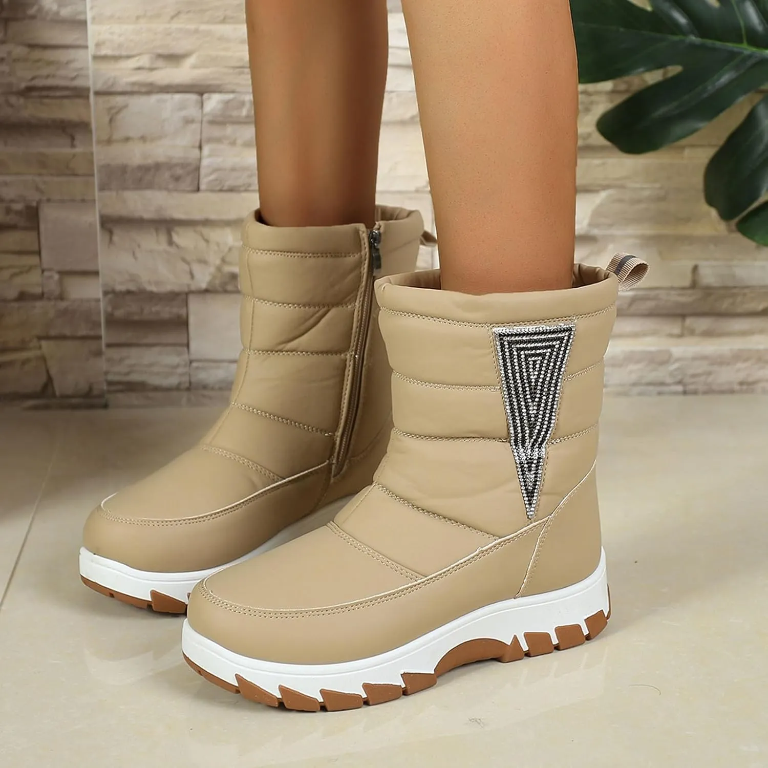 Winter Boots for Women Fur Lined Warm Winter Boots Mid Calf Waterproof Snow Boots Walking Boots