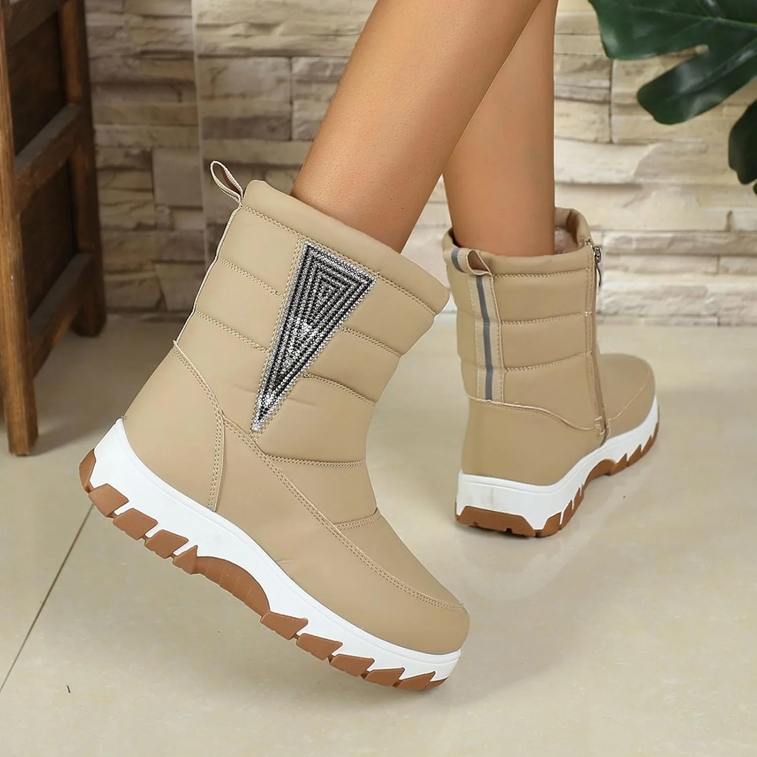 Winter Boots for Women Fur Lined Warm Winter Boots Mid Calf Waterproof Snow Boots Walking Boots