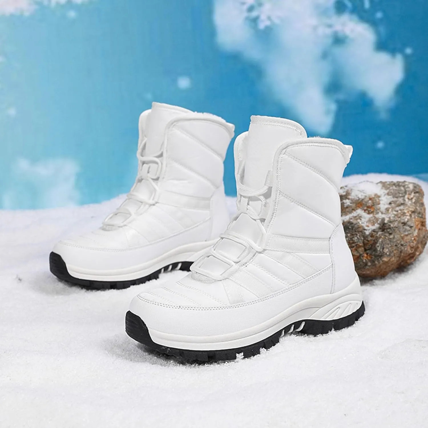 Winter Boots for Women Warm Fur Lined Boots Waterproof Anti Slip Outdoor Lace Up Mid Calf Boots Sneakers