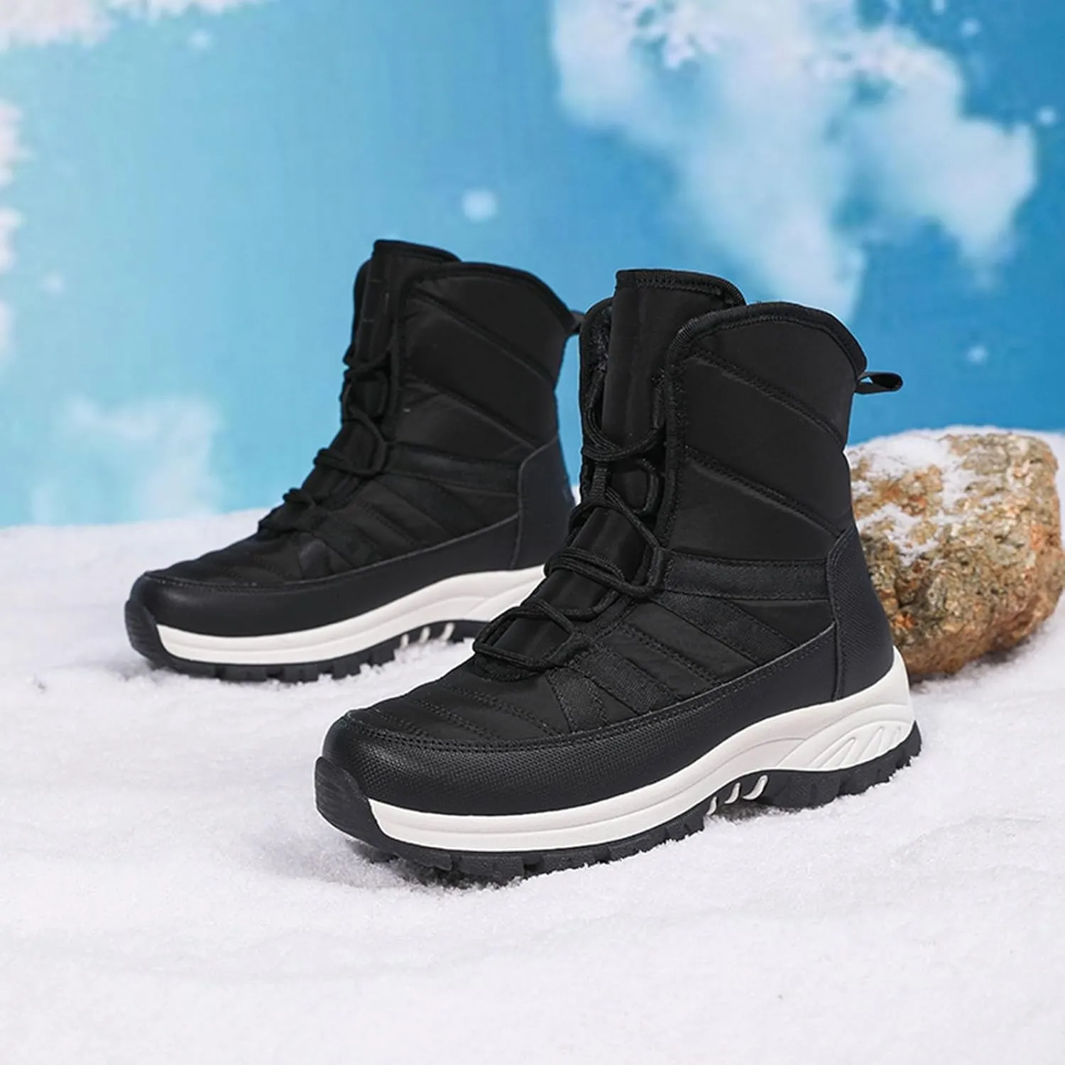Winter Boots for Women Warm Fur Lined Boots Waterproof Anti Slip Outdoor Lace Up Mid Calf Boots Sneakers