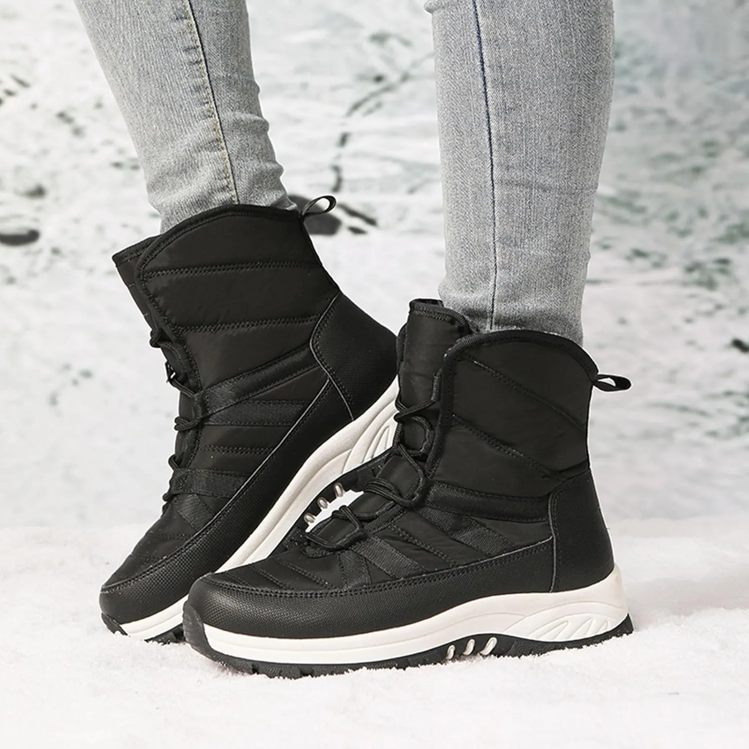 Winter Boots for Women Warm Fur Lined Boots Waterproof Anti Slip Outdoor Lace Up Mid Calf Boots Sneakers