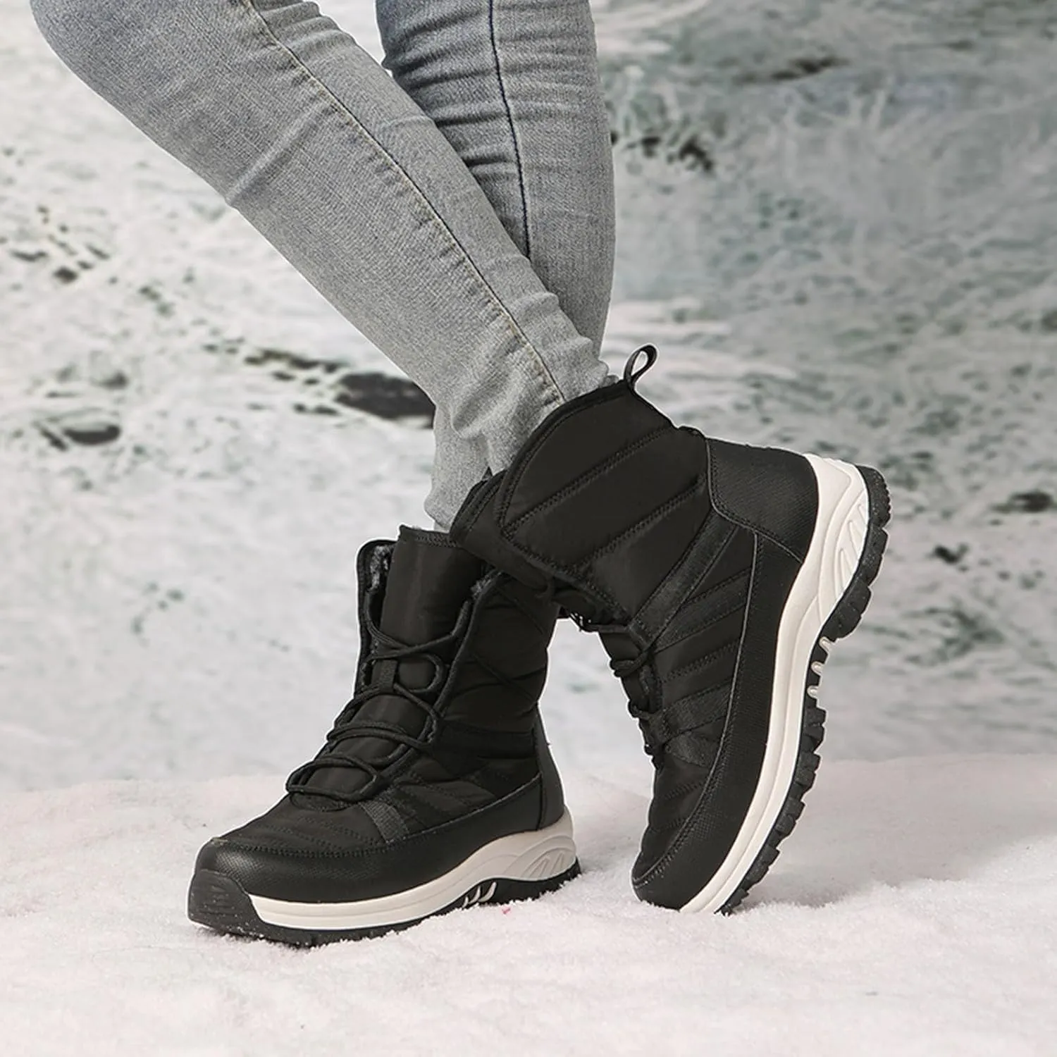 Winter Boots for Women Warm Fur Lined Boots Waterproof Anti Slip Outdoor Lace Up Mid Calf Boots Sneakers