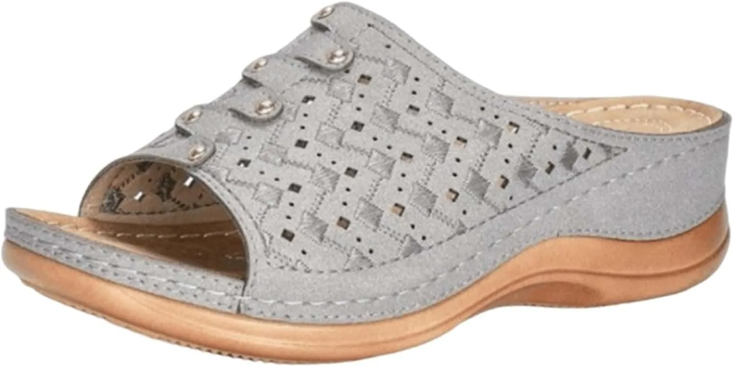 Women Wedge Sandals Summer Dressy Low Heel Sandals Comfortable Soft Leather Slip On Sandal Shoes with Arch Support Available Shoes for Summer Beach Oceanside Holiday Outdoor