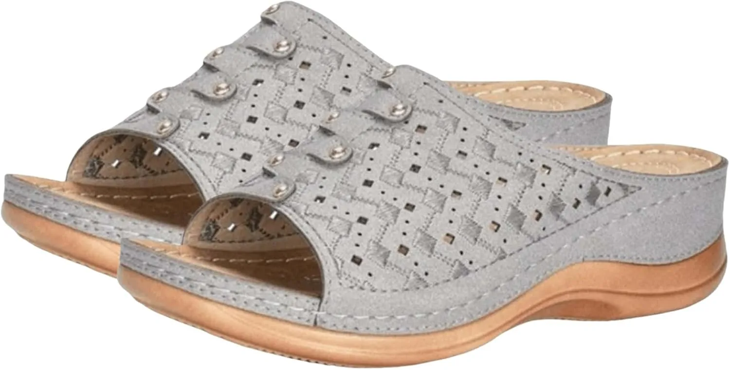 Women Wedge Sandals Summer Dressy Low Heel Sandals Comfortable Soft Leather Slip On Sandal Shoes with Arch Support Available Shoes for Summer Beach Oceanside Holiday Outdoor