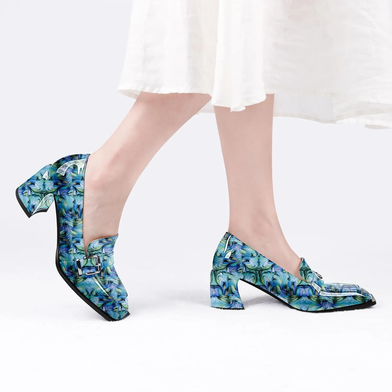 Women's Comfortable Buckle Chunky Heel Pumps Square Toe Work Dress Shoes