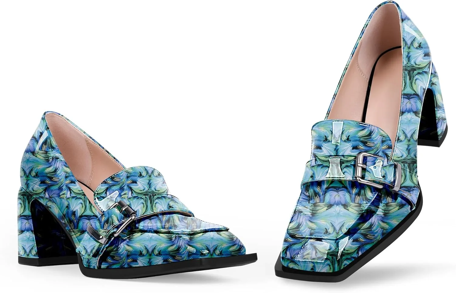 Women's Comfortable Buckle Chunky Heel Pumps Square Toe Work Dress Shoes