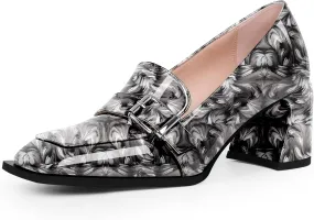 Women's Comfortable Buckle Chunky Heel Pumps Square Toe Work Dress Shoes