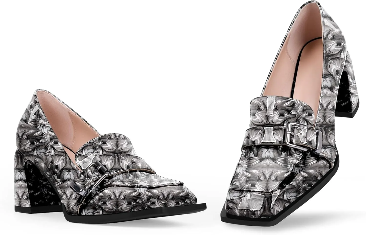 Women's Comfortable Buckle Chunky Heel Pumps Square Toe Work Dress Shoes