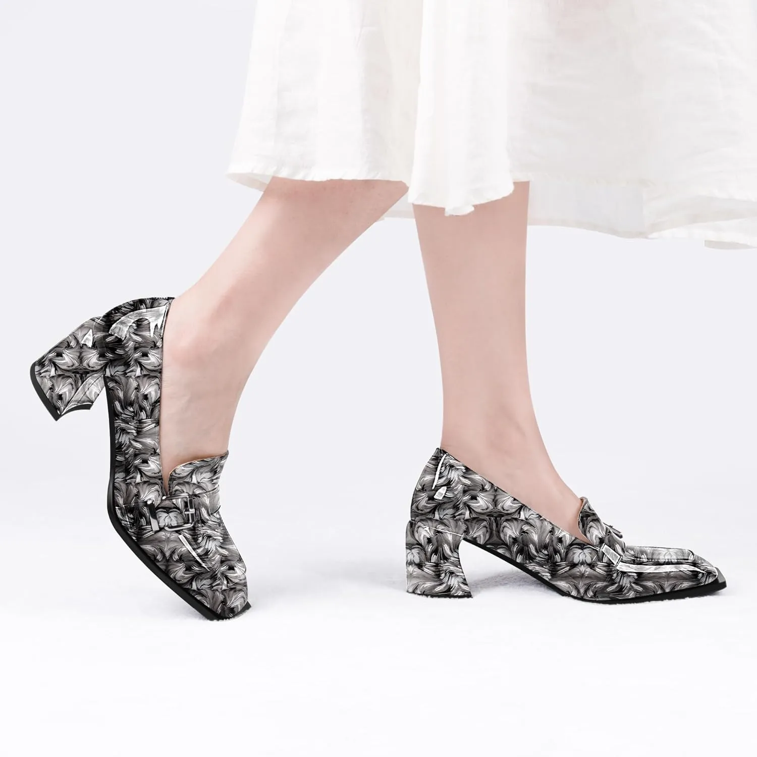 Women's Comfortable Buckle Chunky Heel Pumps Square Toe Work Dress Shoes