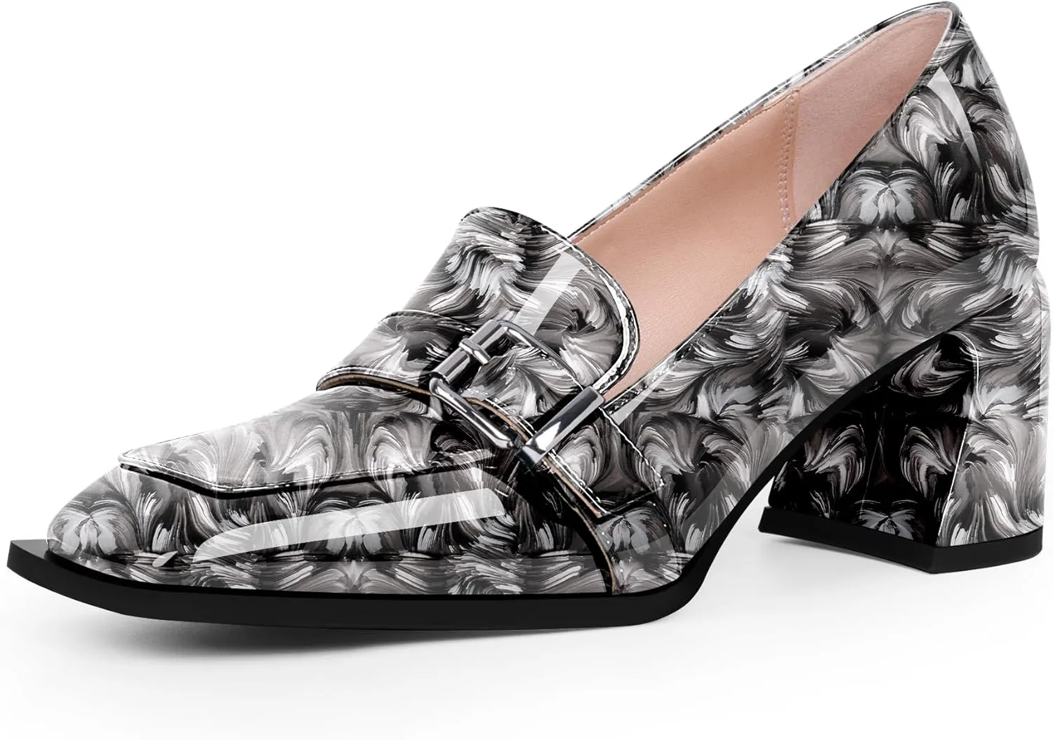 Women's Comfortable Buckle Chunky Heel Pumps Square Toe Work Dress Shoes