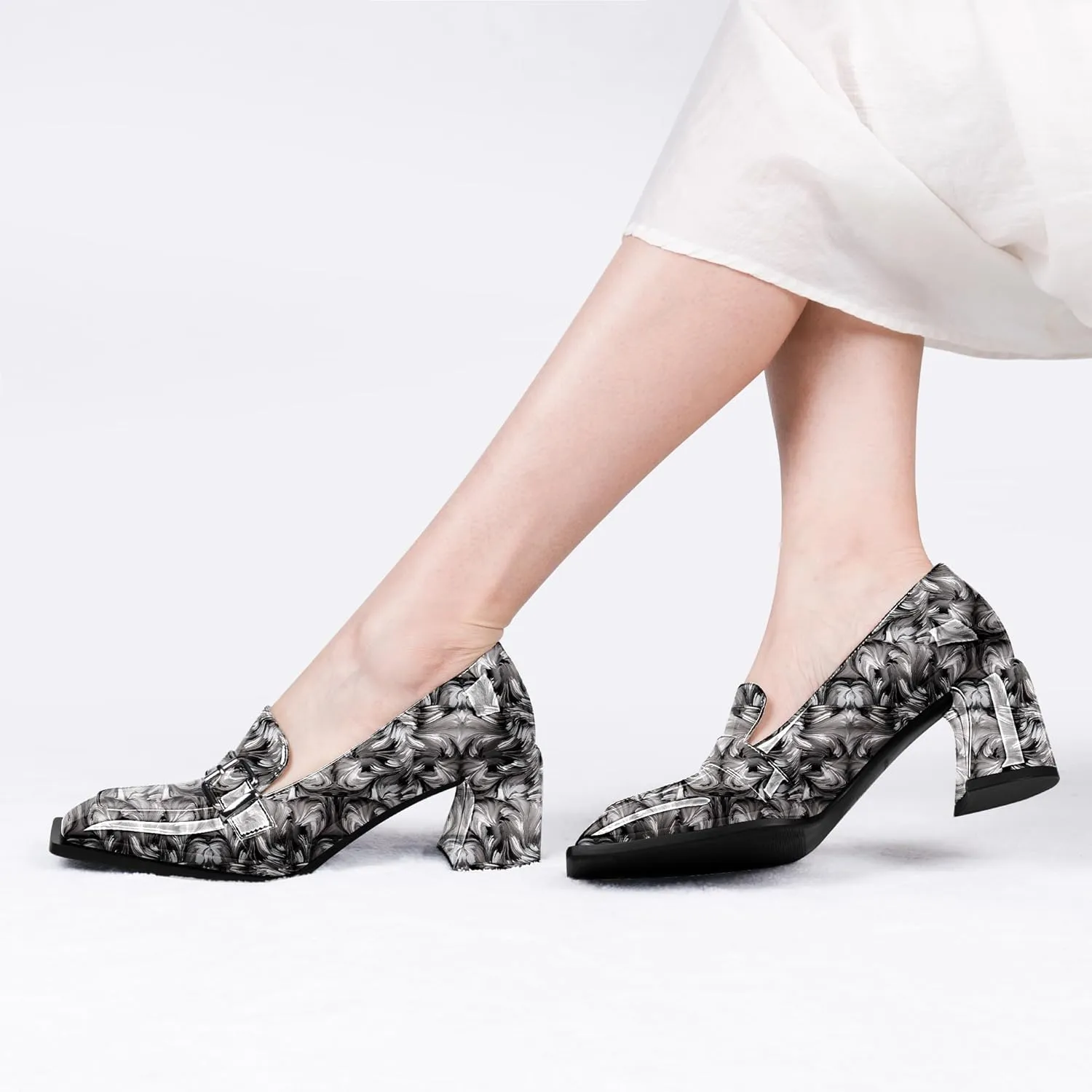 Women's Comfortable Buckle Chunky Heel Pumps Square Toe Work Dress Shoes