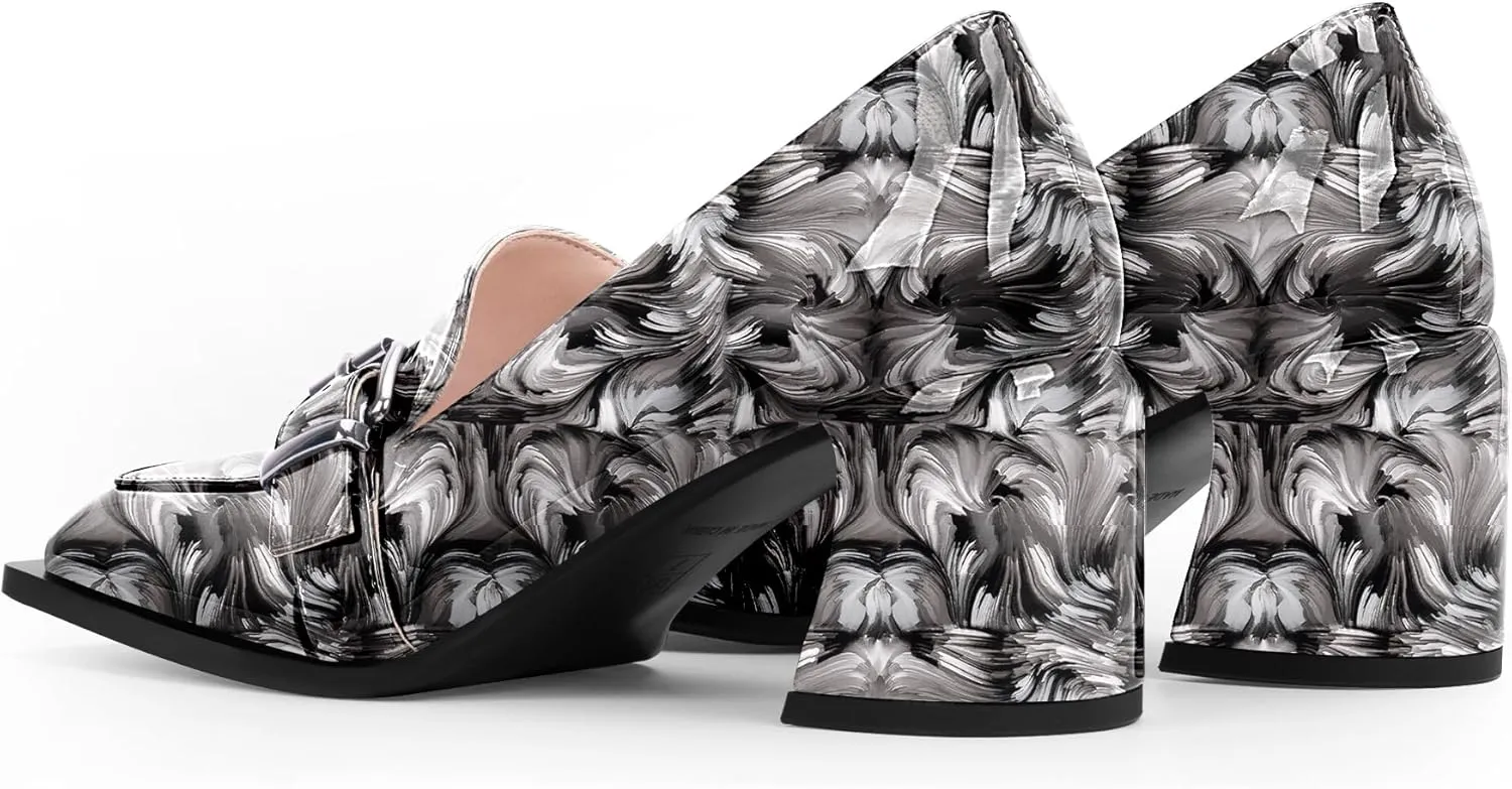 Women's Comfortable Buckle Chunky Heel Pumps Square Toe Work Dress Shoes