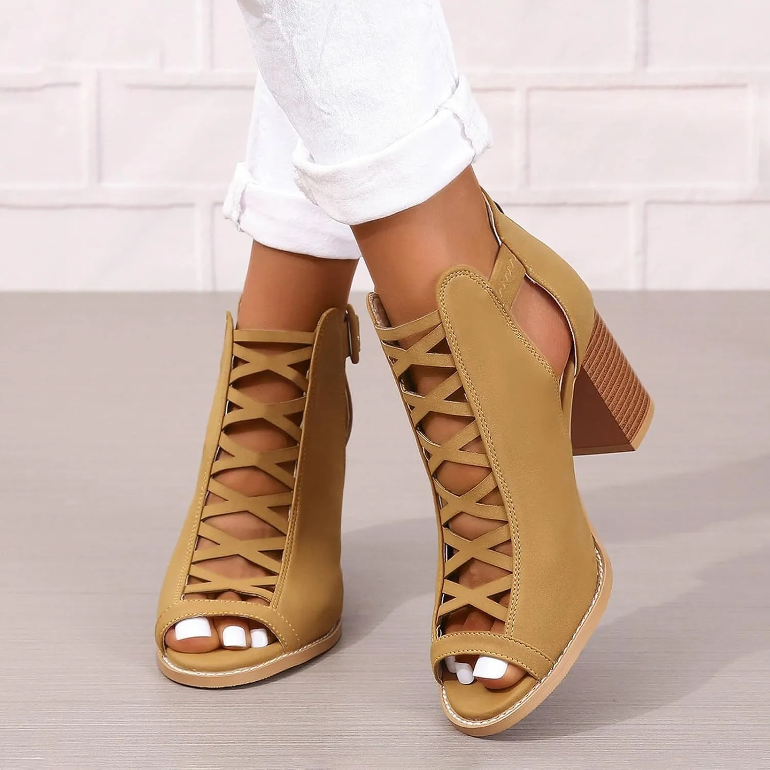 Women's Open Toe Booties with Block Heel and Side Comfortable and Stylish Cut Out Design Chunky Low Chunky Heels Women