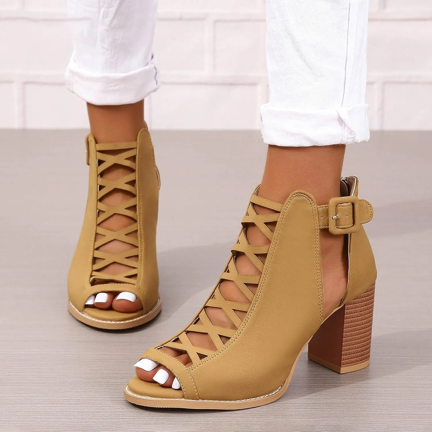 Women's Open Toe Booties with Block Heel and Side Comfortable and Stylish Cut Out Design Chunky Low Chunky Heels Women