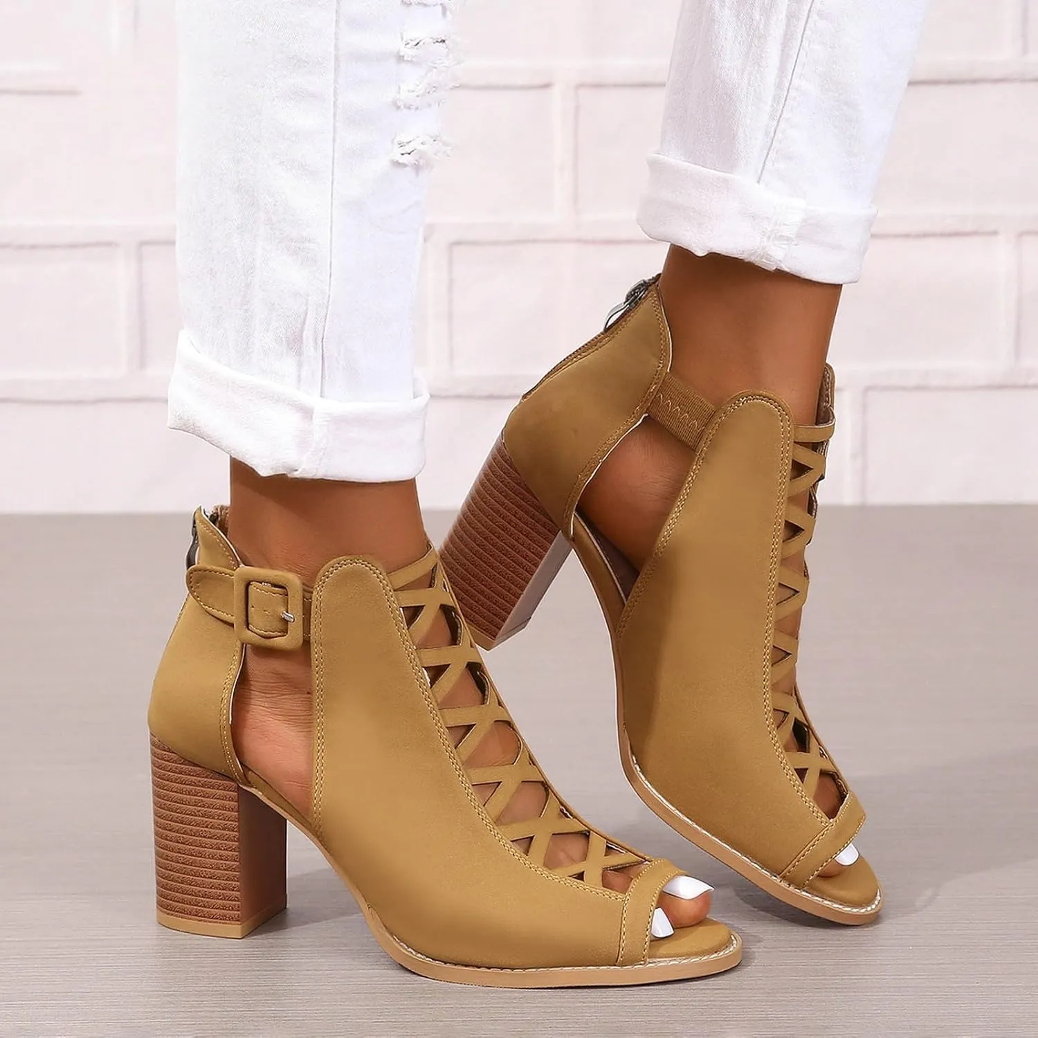 Women's Open Toe Booties with Block Heel and Side Comfortable and Stylish Cut Out Design Chunky Low Chunky Heels Women