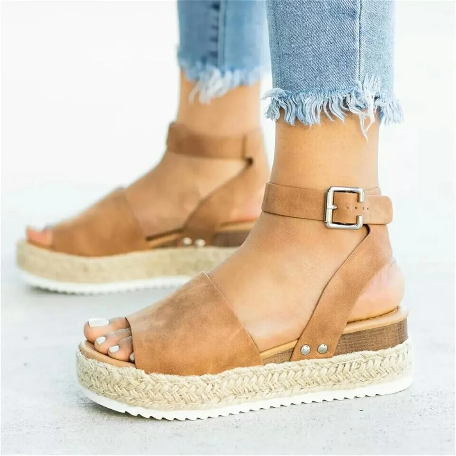 Womens Open Toe Buckle Ankle Strap Espadrilles Flatform Wedge Casual Sandal Wedge Sandal Ankle Buckle Beach Open Toe Wide Widge Sanddals Orthopedic Width
