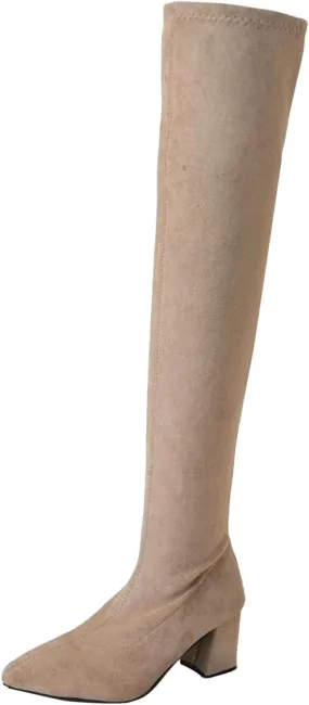 Women's Over The Knee Thigh High Chunky Heel Boots Long Stretch Suede Fall Boots Pointed Toe Winter Boots with Zipper