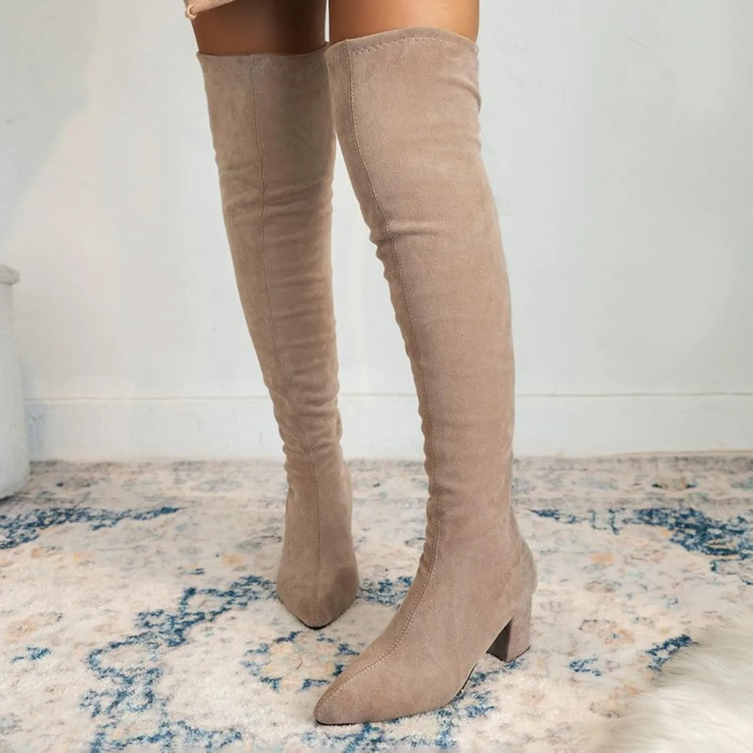 Women's Over The Knee Thigh High Chunky Heel Boots Long Stretch Suede Fall Boots Pointed Toe Winter Boots with Zipper