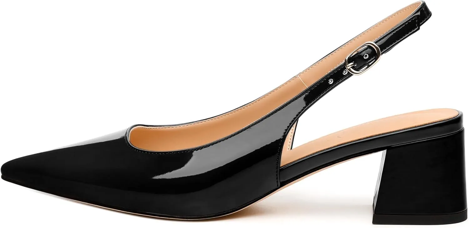 Womens Slingbacks, Pointed Toe Mid Block Heel Slingback Pumps for Women, Leather Insole Comfort Pumps 2"
