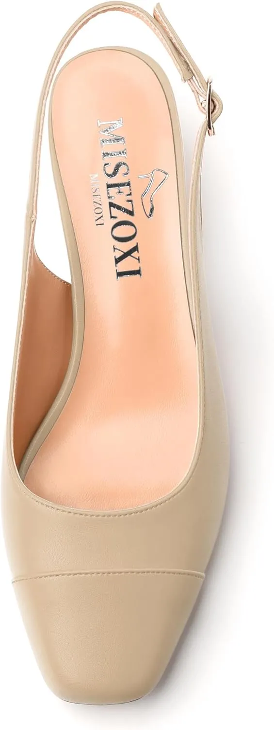 Womens Sqaure Toe Block Heel Slingback Pumps