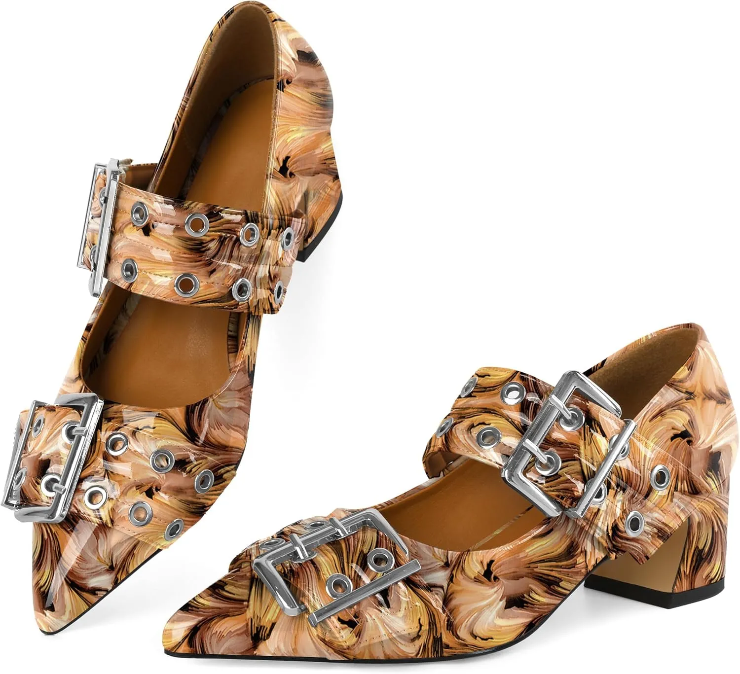 YODEKS Women Low Block Heel Pumps 2 Inch Heels Pointed Toe Eyelets Belt Strap Buckle Shoes Size 6-12