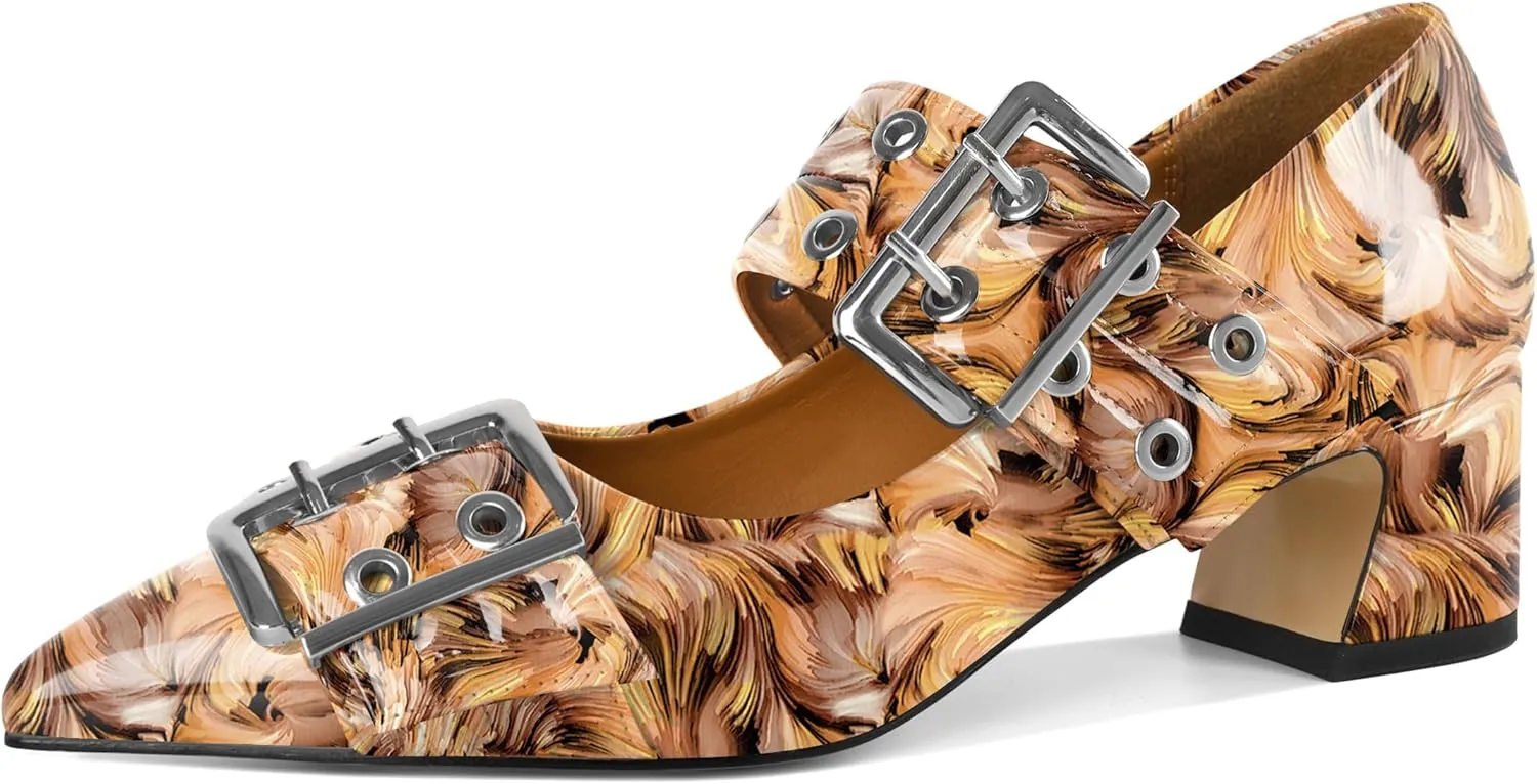YODEKS Women Low Block Heel Pumps 2 Inch Heels Pointed Toe Eyelets Belt Strap Buckle Shoes Size 6-12
