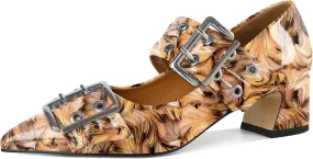 YODEKS Women Low Block Heel Pumps 2 Inch Heels Pointed Toe Eyelets Belt Strap Buckle Shoes Size 6-12